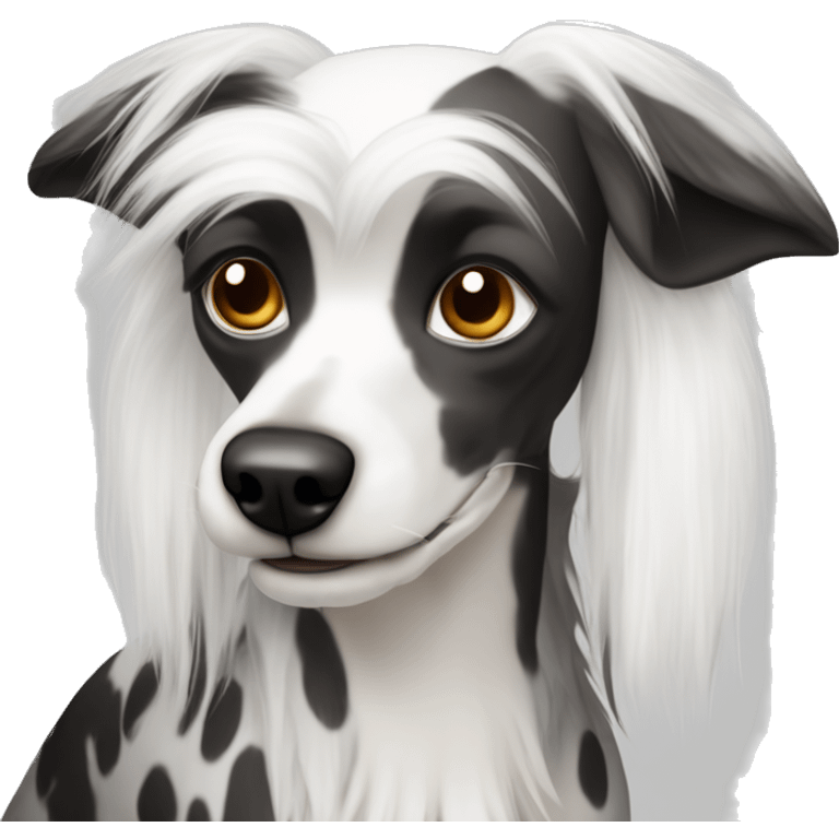 Chinese Crested Dog with white fur and black spots on white skin. Luscious head fur, furnishings on the legs and full fur tail emoji