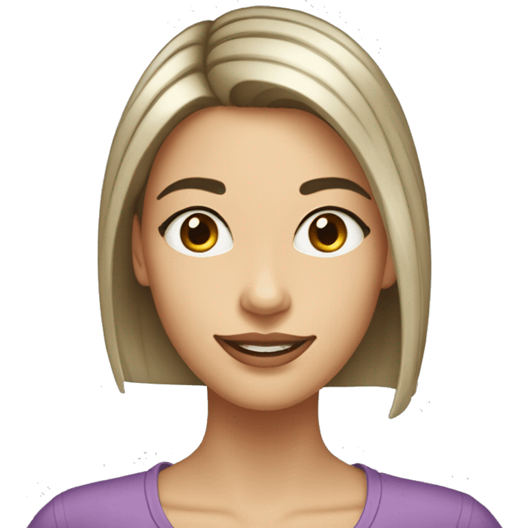 Beautiful girl with short straight darklight hair, thin lips, thin eyebrows, smiling. emoji