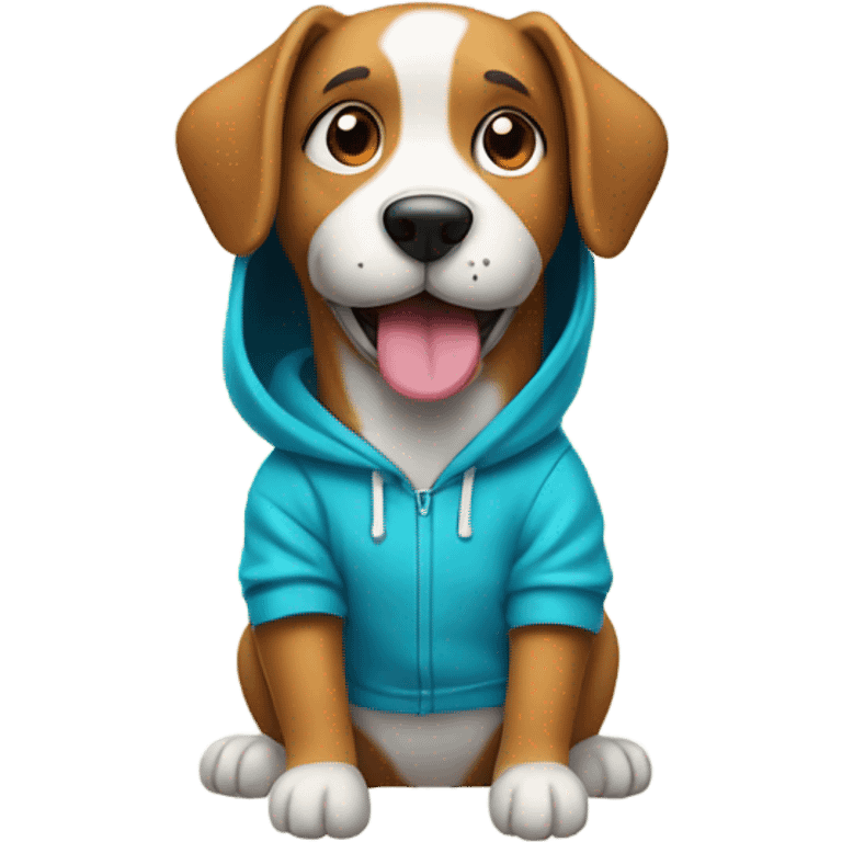 Dog wearing a hoodie and waving hello emoji