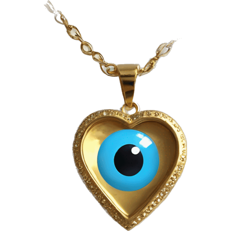 Turkish light blue evil-eye circular symbol inside of a gold heart necklace emoji