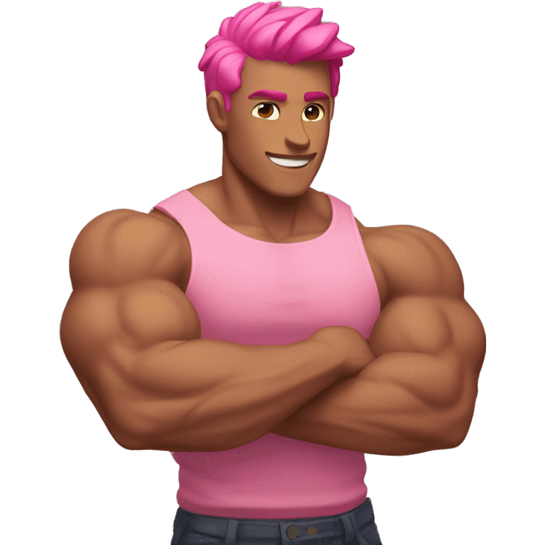 Flexed male biceps, tan skin, pink hair emoji