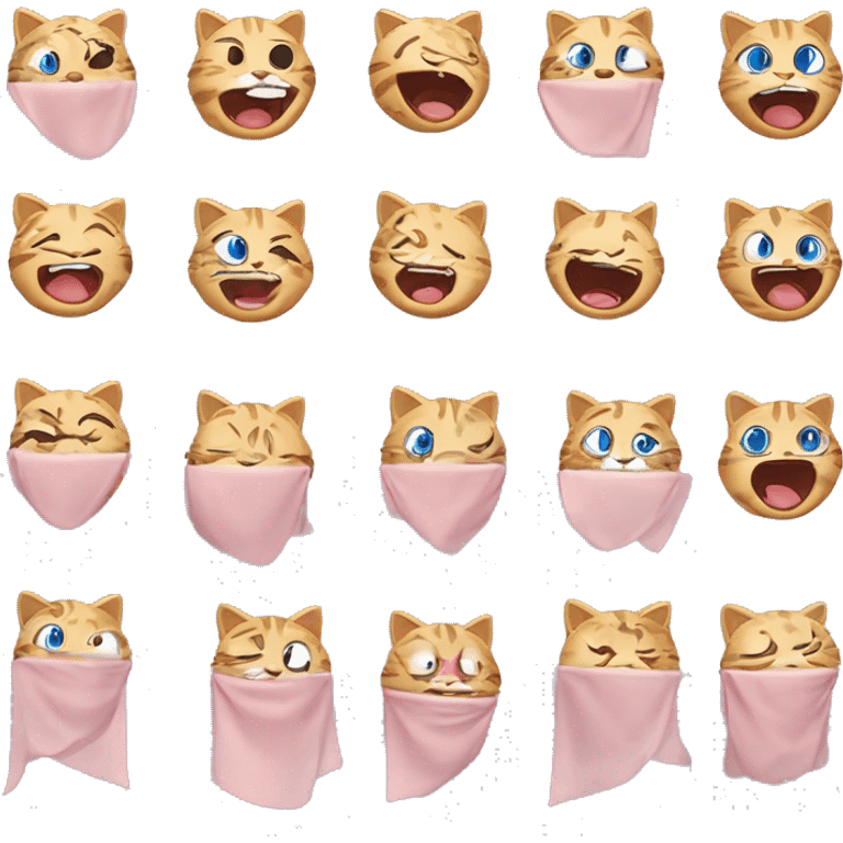 BQB,Animal emoticons,blush,>_<,no humans,food,open mouth,closed eyes,scarf,fangs,blue scarf,holding,simple background,one eye closed,animal focus,multiple views,cat,eating,fish,nose blush,angry,animal,taiyaki,nine-grid emoji