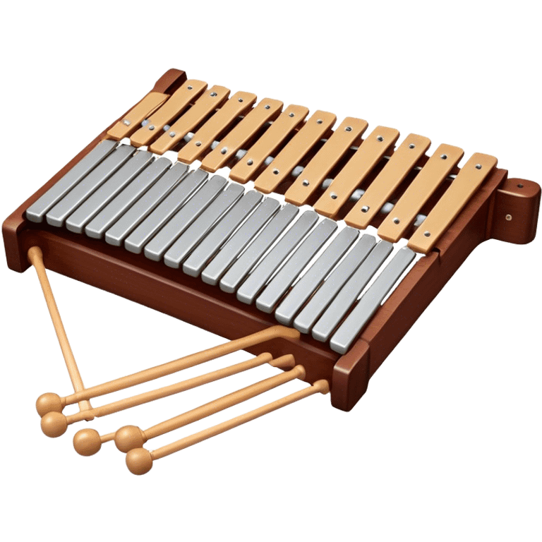 Create a detailed and professional emoji representing a Fleet FLT-SX37 long orchestral wooden xylophone. The design should showcase the large wooden bars of the xylophone, arranged in a traditional setup, with soft metallic accents on the mallets. The bars should have a rich wood texture, with polished details to reflect the quality of the instrument. The mallets should be held above the bars, with the heads clearly visible. Use warm, rich wood tones like mahogany and light brown, with silver or metallic accents for the mallets. Add subtle musical notes floating above the xylophone to emphasize its melodic sound. The background should be transparent. emoji