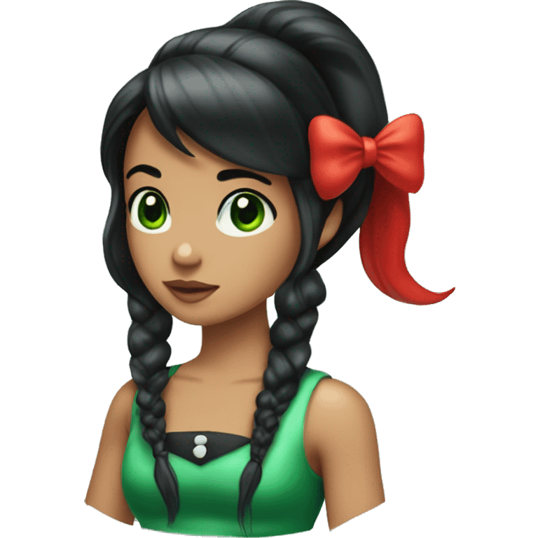 Mermaid with black hair in a ponytail with bangs swoop to the side, green eyes, red tail, white vest with green bows as buttons emoji