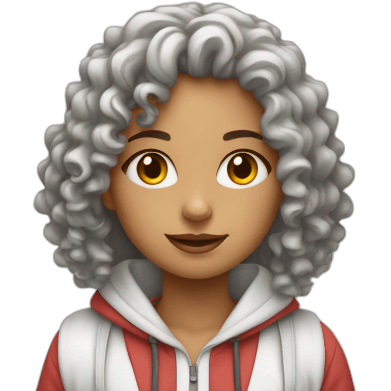 a west eastern tenage curly girl wearing a white hoodie working on a laptop emoji