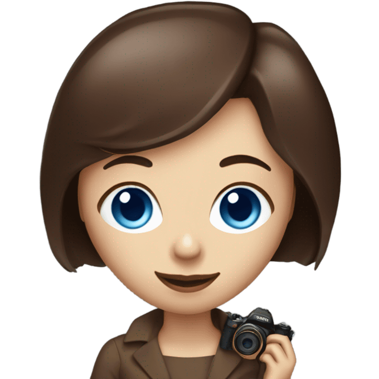 Portrait of stylish woman with blue eyes and chocholate  bob hair holding a nikon camera emoji