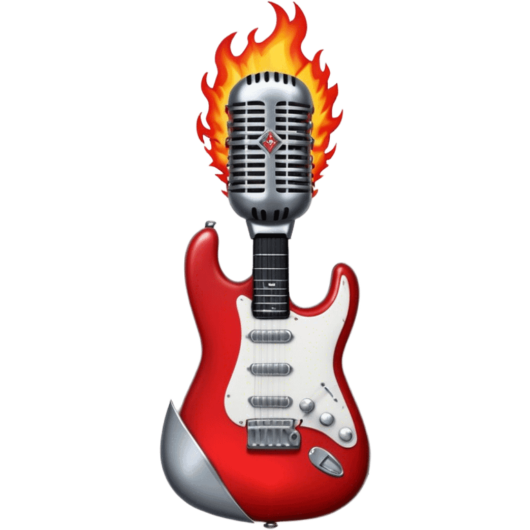 Create a bold and powerful emoji representing rock vocal performance in a humanless collage. The design should feature a vintage microphone at the center, surrounded by a heavy, aggressive hardcore electric guitar with sharp, jagged edges. Include crossed drumsticks behind the guitar, symbolizing the intense rhythm of rock music. Add fiery elements like flames or lightning bolts to enhance the raw energy of the design. Use dark, bold colors like black, red, and silver, with metallic or chrome accents to reflect the rebellious, hard-hitting nature of rock. The background should be transparent. emoji