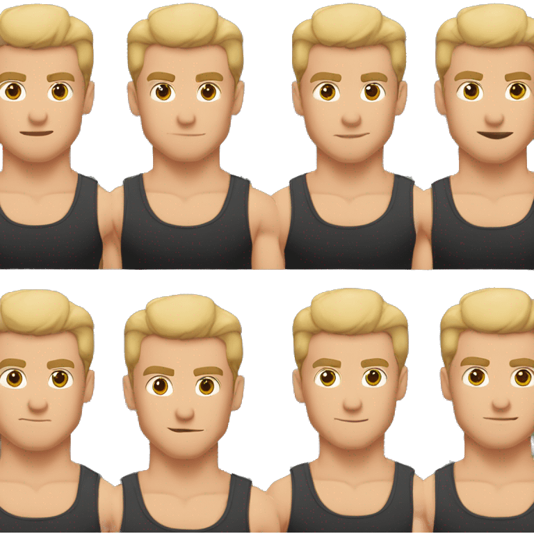 a boy, solo, tight black compression tank top, black compression tank top, muscular, bodybuilder, solo, blond hair, brown eyes, stubble, white large sweatpants, looking at viewer, confident face, closed mouth, solo emoji