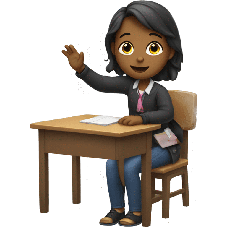 girl is sitting at school desk, hand is raised emoji