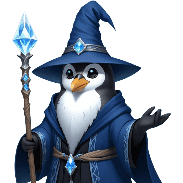 A mysterious penguin mage with sleek midnight-blue feathers, wearing a flowing black robe adorned with silver runes. A tall, pointed wizard hat sits slightly tilted on his head, the brim casting a shadow over his glowing icy-blue eyes. His flipper clutches an ancient wooden staff topped with a swirling crystal, radiating a soft, cold light. Snowflakes drift around him as he stands on a frozen cliff, his aura crackling with arcane energy, ready to summon a blizzard with a flick of his staff. emoji