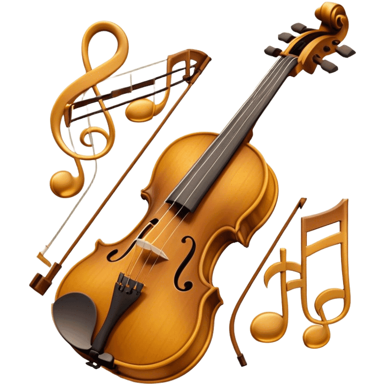 Create a sophisticated and detailed emoji representing the 'Macdonald' viola by Antonio Stradivari. The design should feature a beautifully crafted viola with visible fine details, including the scroll, f-holes, and rich wood texture. Add subtle elements like a bow resting on the strings and musical notes to evoke the instrument’s classical nature. Use rich, warm colors like golden brown, amber, and subtle hints of gold to reflect the luxury and craftsmanship of Stradivari's work. The background should be transparent. emoji