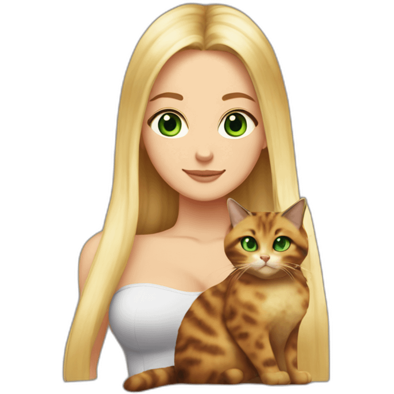 woman with green eyes and long straight blonde hair and big boobs is holding a very fluffy and fat tortoiseshell cat emoji