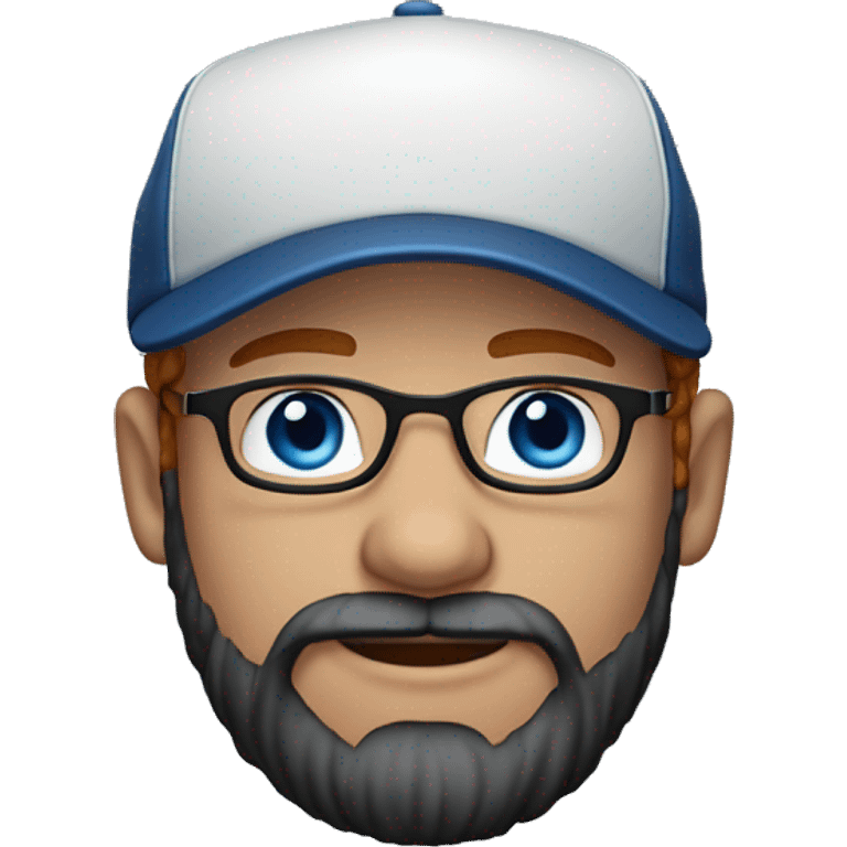 30 years old, male, short curly red hair, glasses, black baseball hat, blue eyes, pale complexion, thick beard and thin mustache emoji