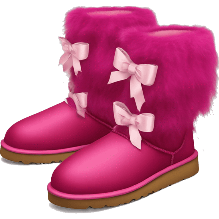 Realistic pair of raspberry color Ugg fur boots laced up with ribbon bows. emoji