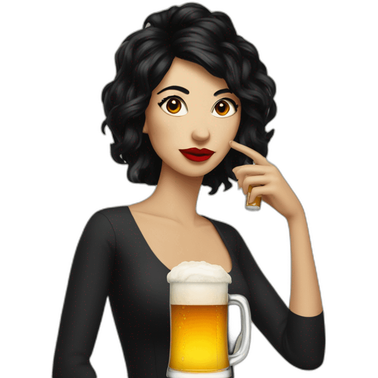 a woman with wacky black hair and red lips drinking a beer emoji