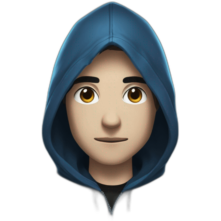 Boy brown developer left side behind his laptop with this style: Valorant Riot Game blue character blue black hooded hacker  emoji