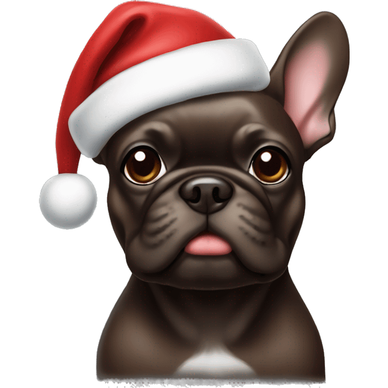 Dark brown Frenchie wearing a santa hat emoji