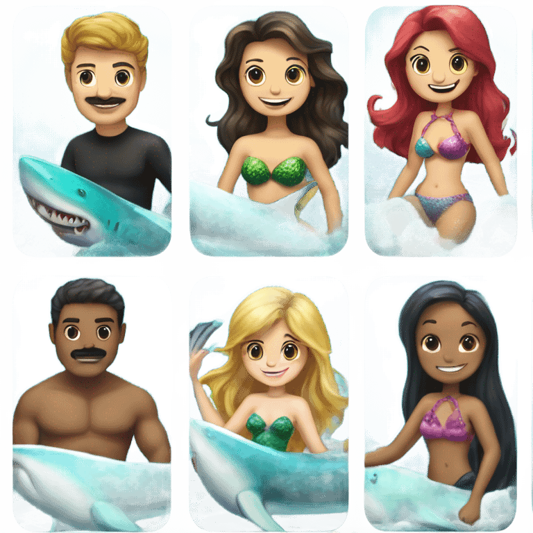 A man on a surfboard bumping into a mermaid which the mermaid is eating a shark and the shark has a mustache ￼ emoji