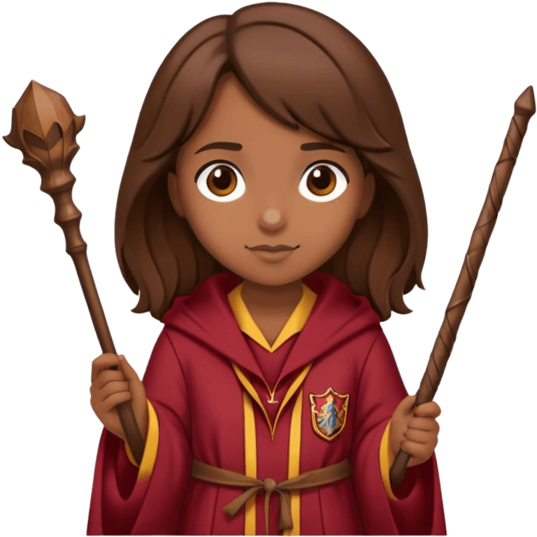 Girl with Girls Brown hair and a gryffindor Robe and a small wooden wand emoji