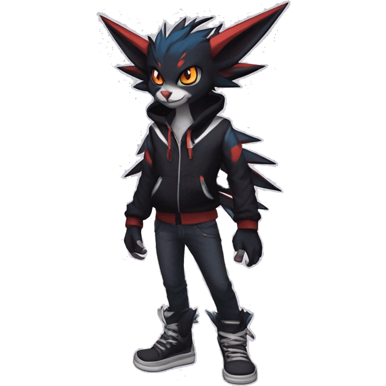 Cool Anthro Black Noivern-Absol-Litten-Pokémon with edgy stripes hoodie spiked collar punk Full Body emoji