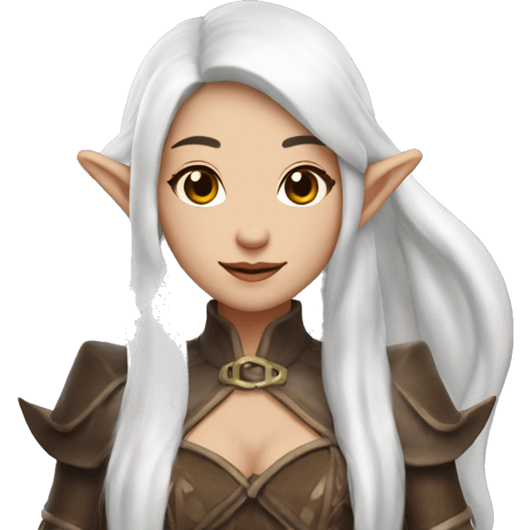 Asian feminine full body slim long white hair elf leather costume emoji