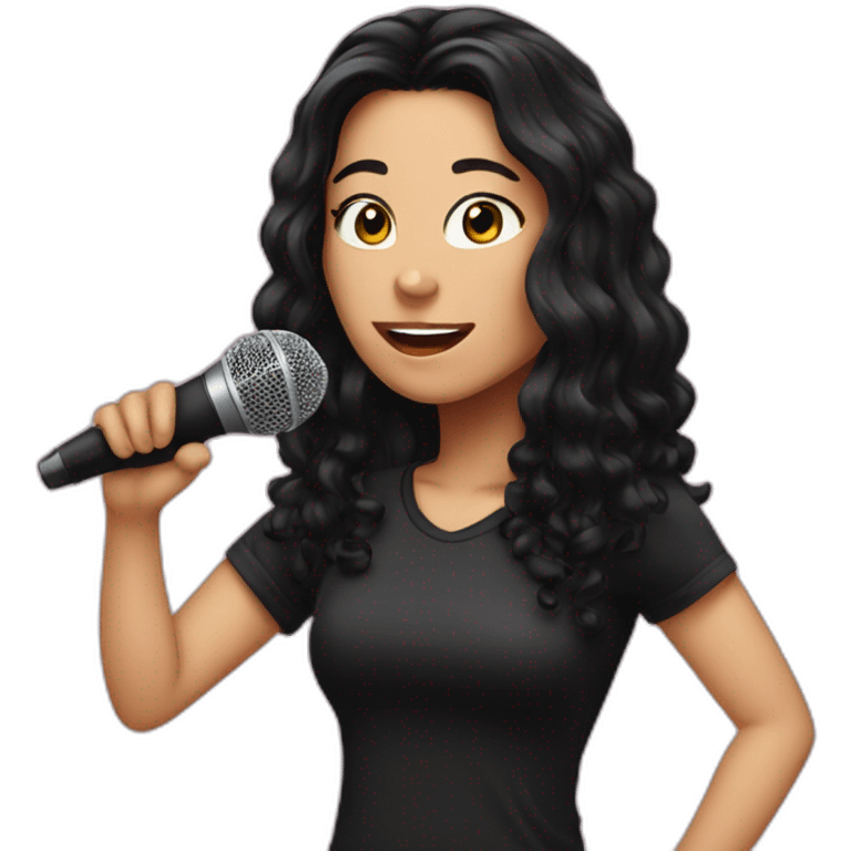 Caucasian woman with long black hair and pink highlights, with a microphone singing, wearing a black t-shirt emoji