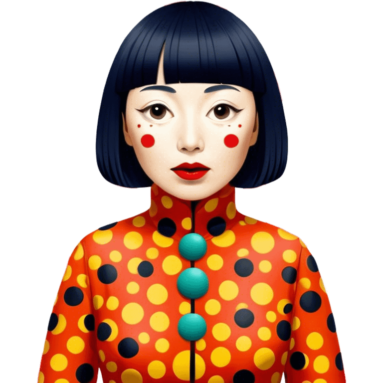 Yayoi Kusama – Cinematic Realistic Portrait of Yayoi Kusama, depicted as an avant-garde artist with an eccentric, captivating expression surrounded by her iconic polka dot patterns, rendered with vivid textures and imaginative lighting that evokes her unique, surreal creative world. emoji