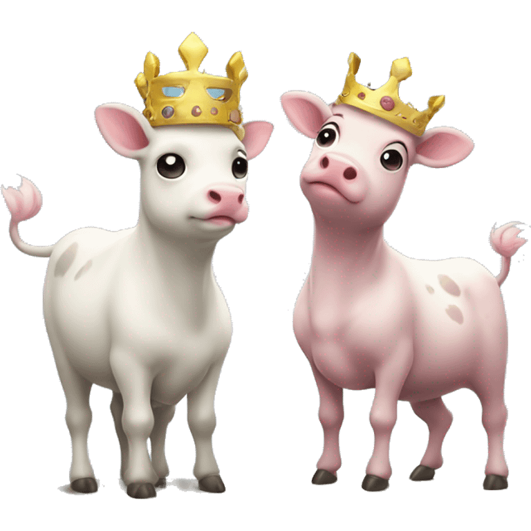 a galarian corsola and a cow each wearing crowns atop a pedestal while looking content with each other emoji