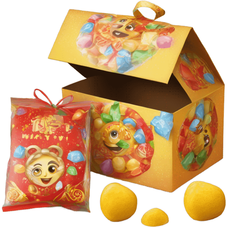 Traditional russian new year sweet gift box with handles with russian candies in wrappers for kids emoji