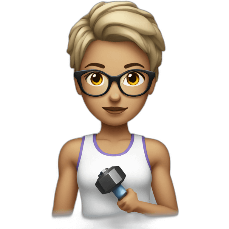 White Sports Girl with short hair glasses holding dumbbell emoji