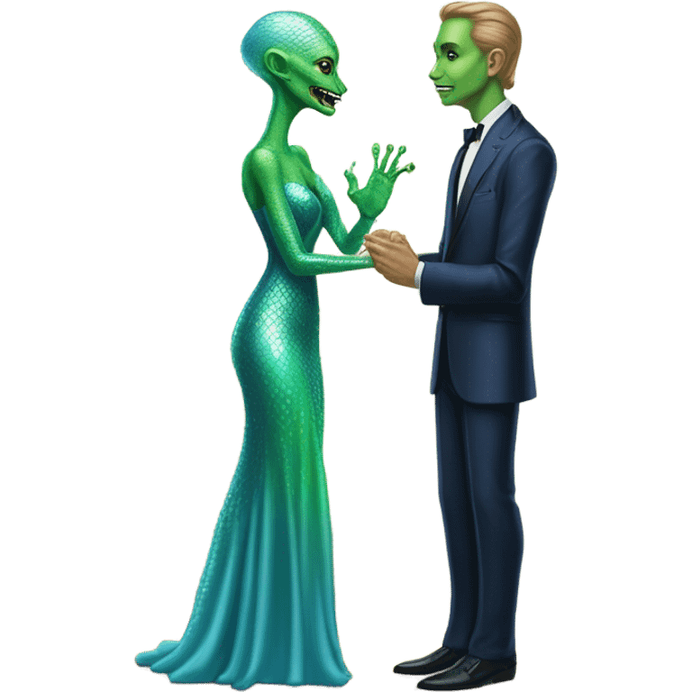 alien reptilian green skin woman, in long slim pastel blue formal party satin dress with gradient shiny sparkling navy blue diamonds embroidered , and caucasian man in black dres on his knees asks her to marry her emoji