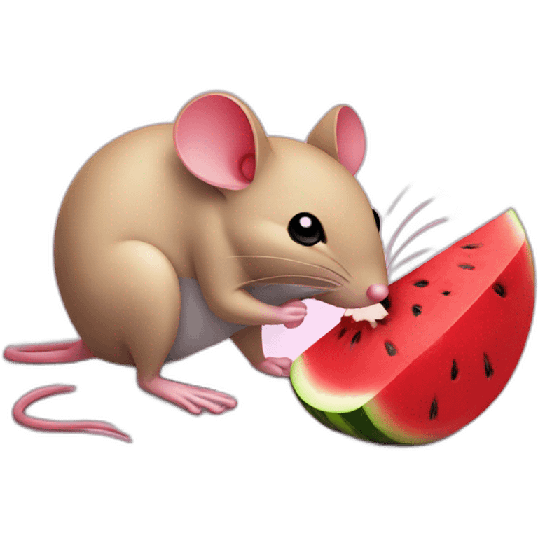 A tiny red mouse is holding a piece of watermelon  emoji