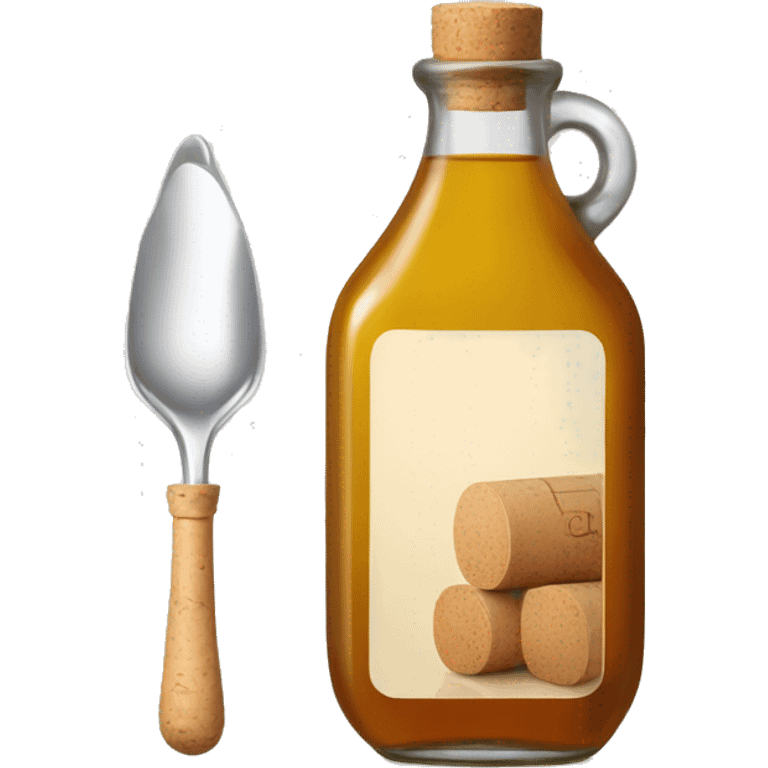 bottle of vinegar with the cork and a nozzle; spoon is laying neat the bottle emoji