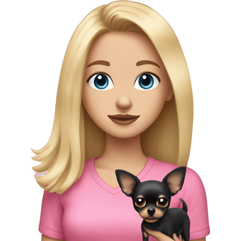 Blonde girl with blue eyes wearing a pink shirt holding a black long hair chihuahua emoji