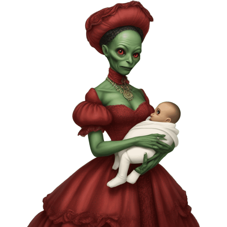  Reptilian alien woman , full body, in victorian red elegant dress , holds a newborn white humman baby emoji