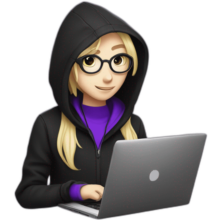 Girl blond artist with round glasses left side behind his laptop with this style: Alan Walker Singer purple character purple black hooded hacker themed character emoji