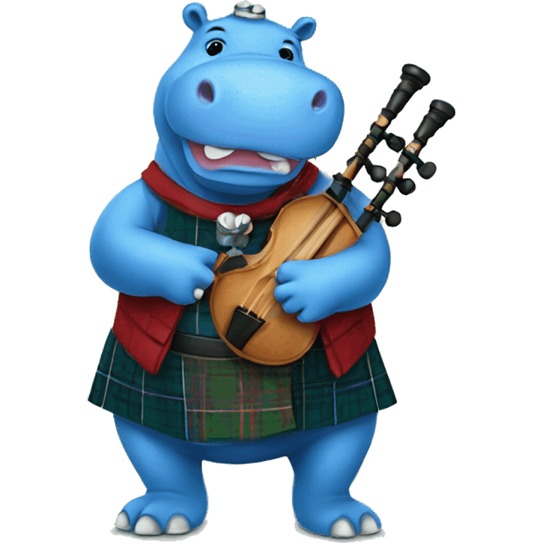 Blue hippo with bagpipes and traditional Scottish clothes emoji