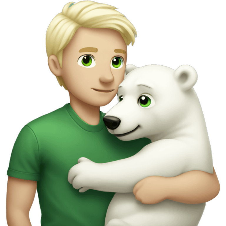 Blonde man with green eyes and no facial hair kissing a polar bear emoji