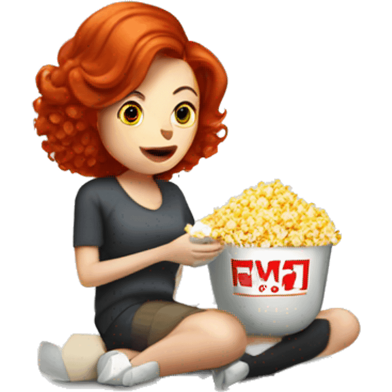 A redhead lady eating popcorn sitting down watching a robot vacuum  emoji