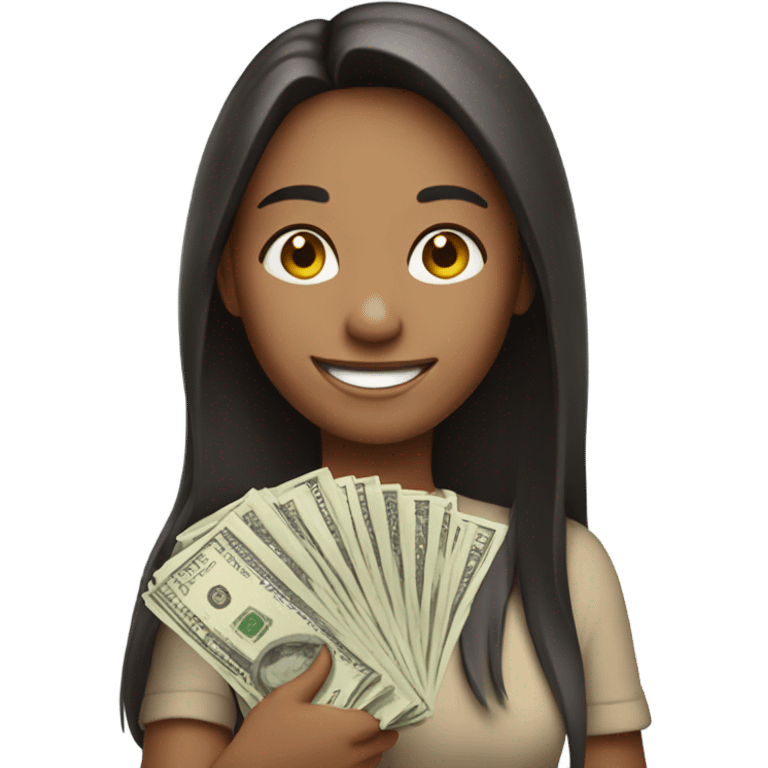 smiling girl with long hair holding cash emoji