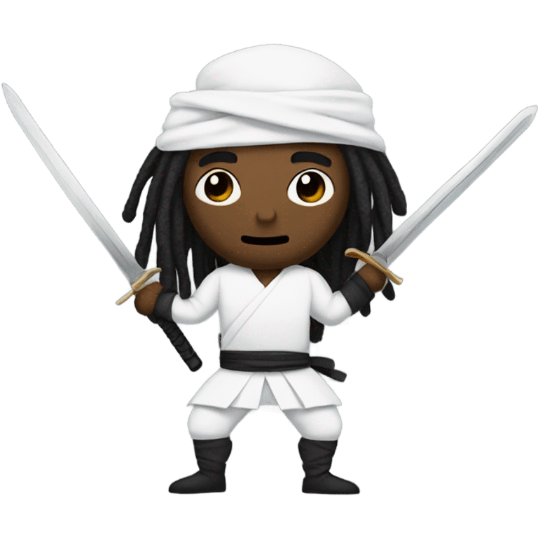 Guy with dreadlocks dressed as a white ninja with a sword emoji