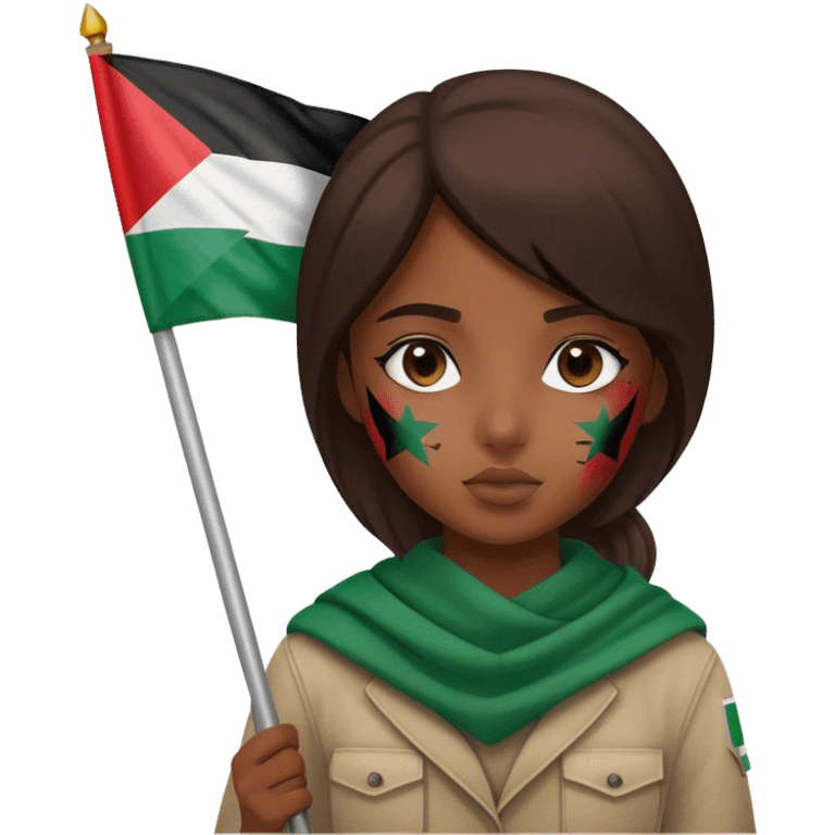 A girl holding a Palestine flag with dust on her face emoji