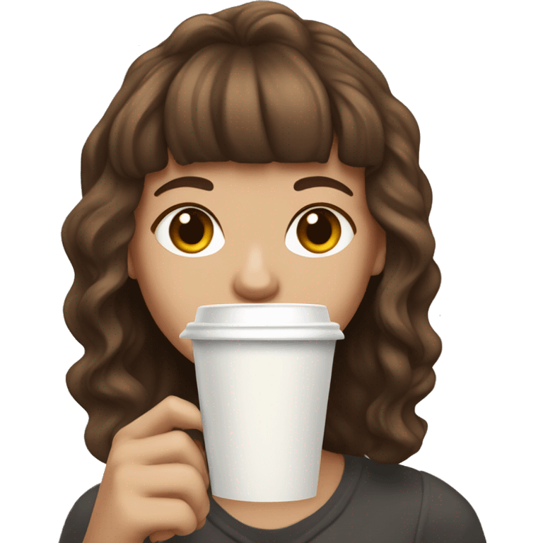 Girl with brown wavy hair, straight short bangs and white skin holding stabucks cup emoji