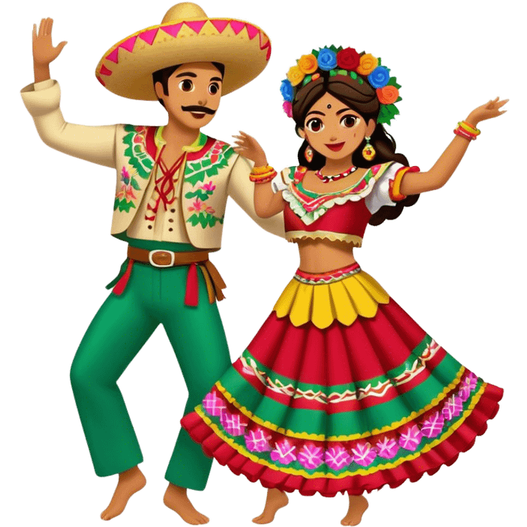 Cinematic Realistic scene of two performers dancing the Jarabe Tapatío, dressed in colorful traditional Mexican costumes with intricate embroidery, captured in energetic, festive motion with vibrant, celebratory lighting emoji