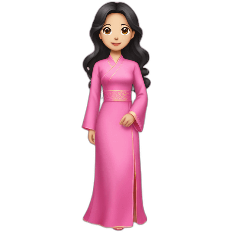 asian girl with fair lips, wavy black hair posing with pink ao dai full body emoji