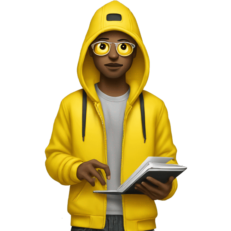 rapper wearing yellow with a mackbook emoji