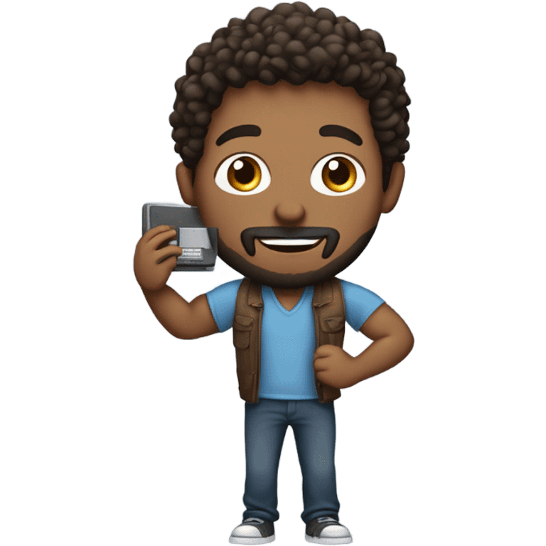 men carrying a computer in his hands. light brown skin men with curly dark brown hair, brown eyes, little grown beard. imposing, bit muscular build. dressed casual. emoji