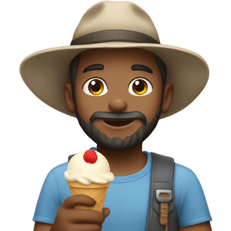 bearded boy with hat indoors eating ice cream emoji