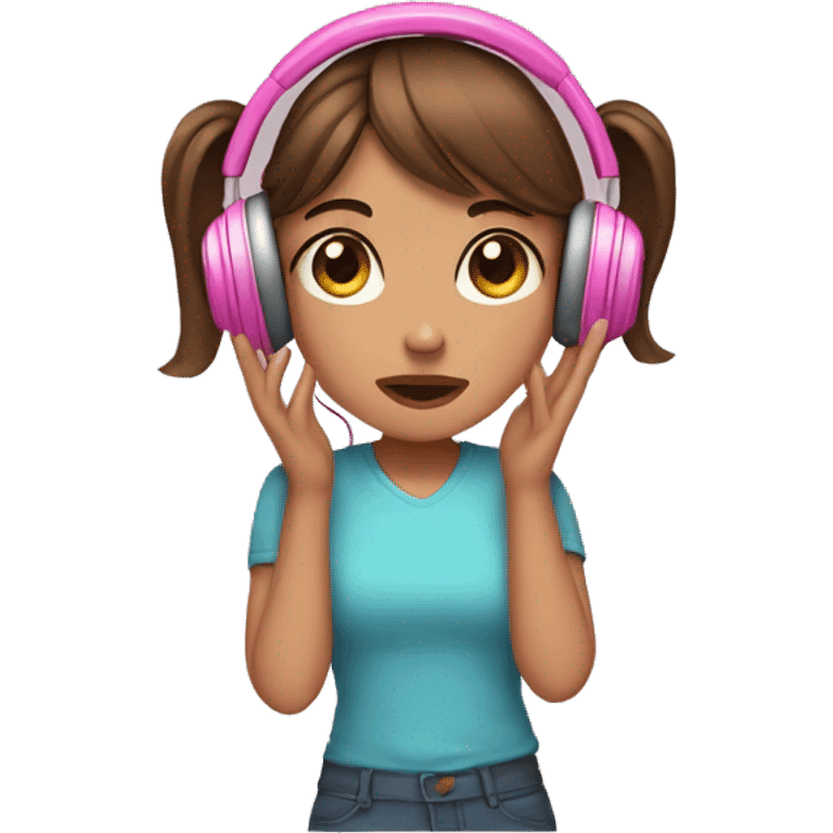 Girl brown hair with pink highlights in pink headphones with ears, facepalming emoji