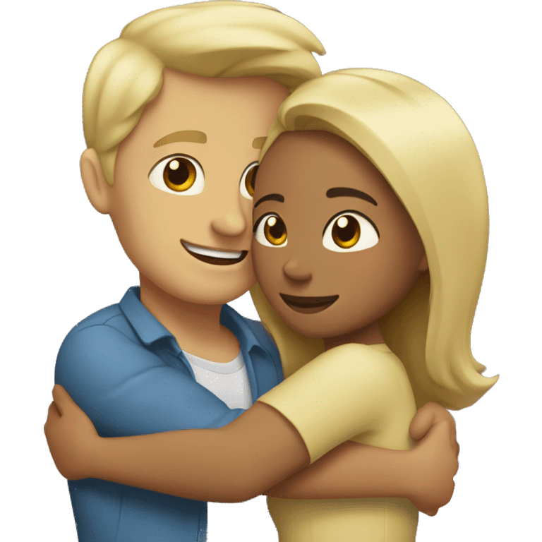 Blond man and hispanic woman hug each other emoji